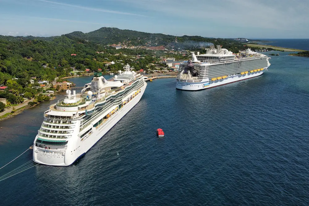 Aerial view of Port of Roatán and cruise ships in Coxen Hole